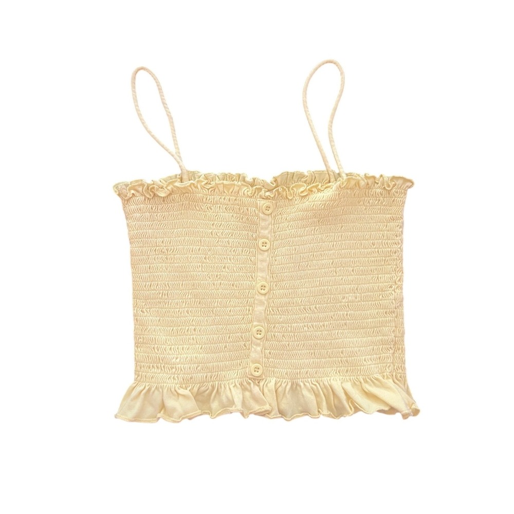 Me To We Yellow Crop Top Small Button Front Ruffle Cotton Strappy (0961)